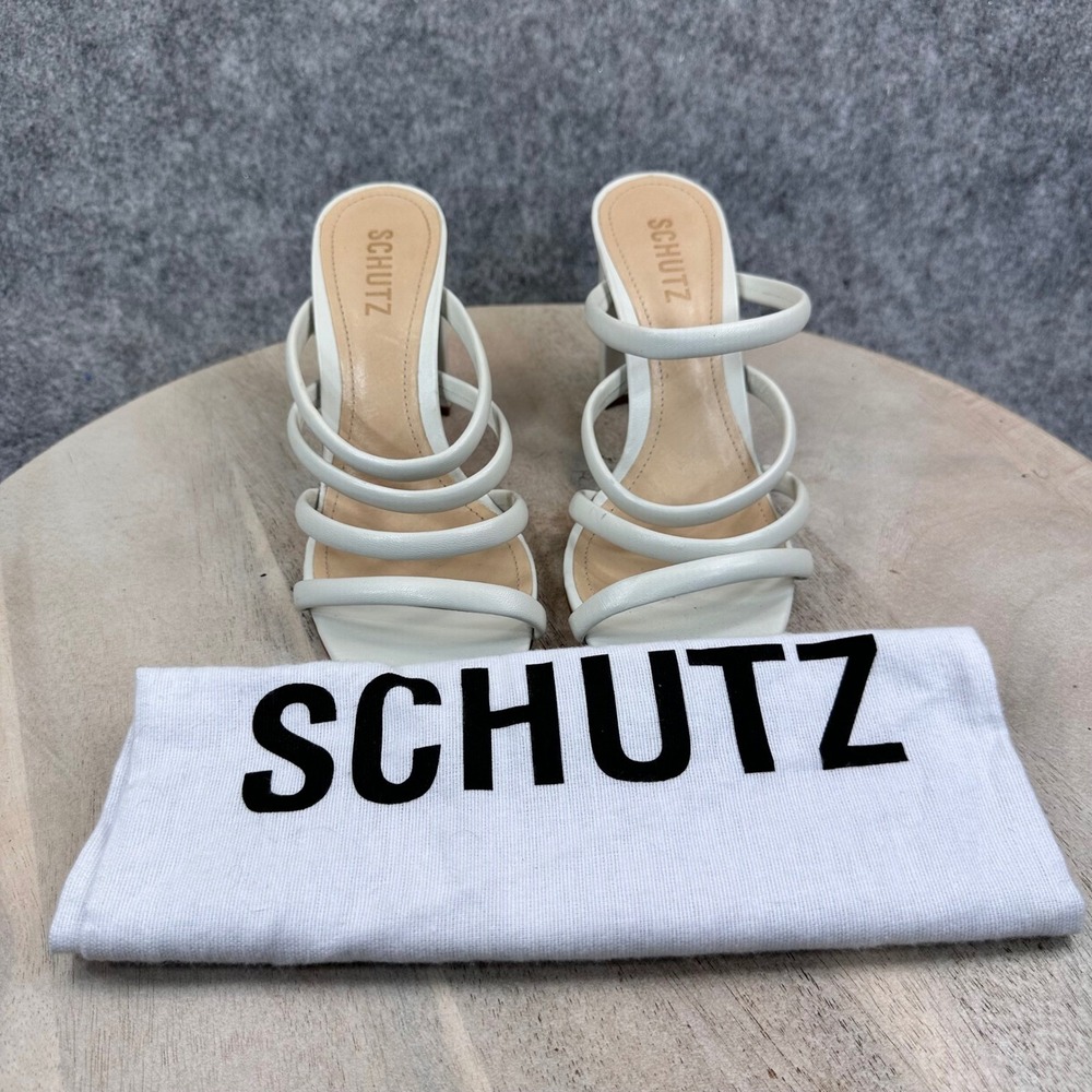 Schutz Felisa Pearl White Leather Multi Strap Block Heel Sandals 8.5 Made Brazil View 2
